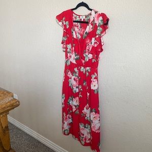Red floral dress.